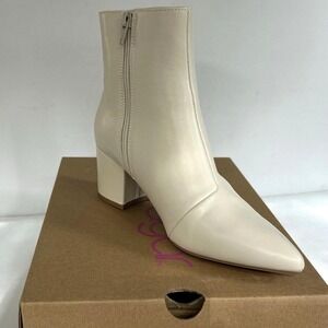 Womens Neutral Bone White Pointed Toe Bootie Sz 7 Faux Leather Block Heel Boot